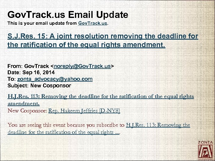 Gov. Track. us Email Update This is your email update from Gov. Track. us.