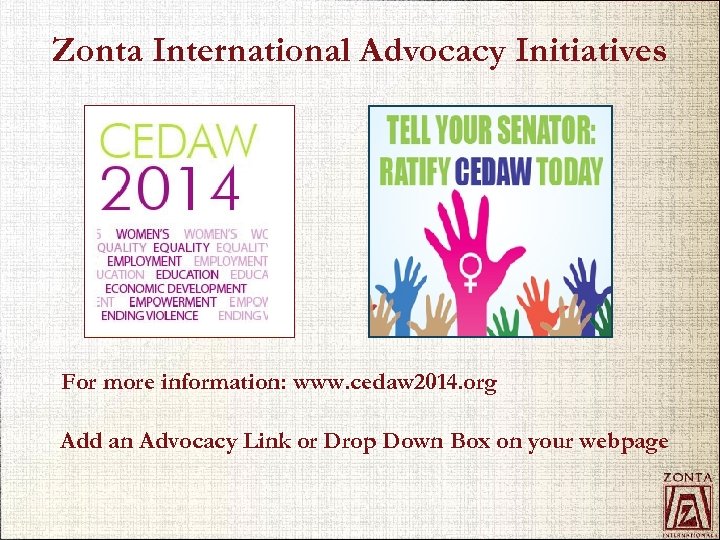 Zonta International Advocacy Initiatives For more information: www. cedaw 2014. org Add an Advocacy