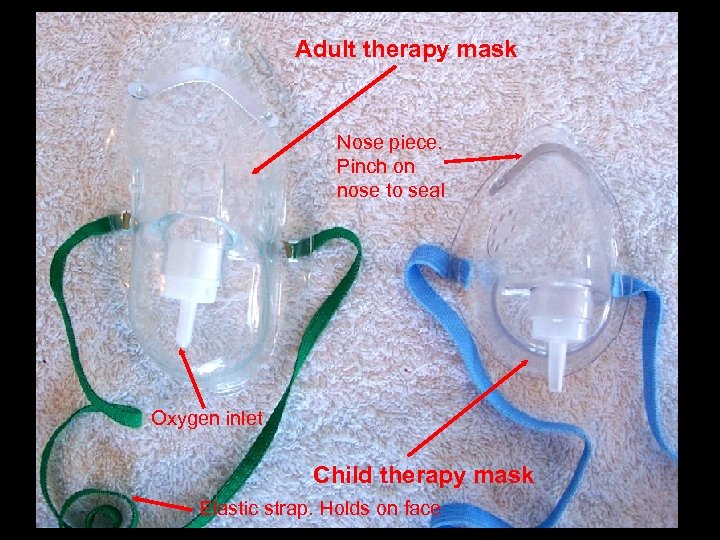 Adult therapy mask Nose piece. Pinch on nose to seal Oxygen inlet Child therapy
