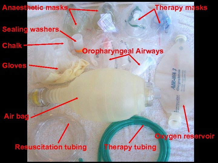 Anaesthetic masks Therapy masks Sealing washers Chalk Oropharyngeal Airways Gloves Air bag Resuscitation tubing