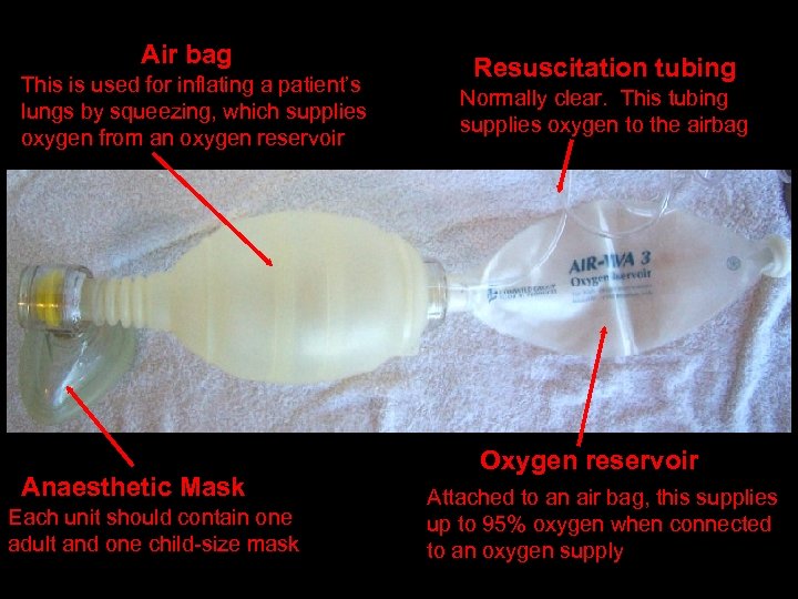 Air bag This is used for inflating a patient’s lungs by squeezing, which supplies