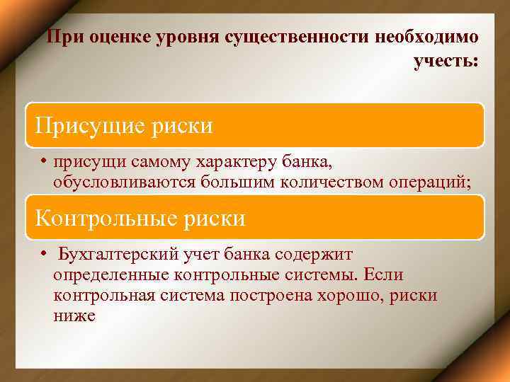 При оценке уровня существенности необходимо учесть: Присущие риски • присущи самому характеру банка, обусловливаются