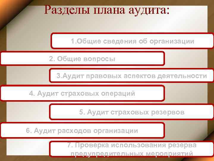 Разделы плана аудита: 1. Общие сведения об организации 2. Общие вопросы 3. Аудит правовых