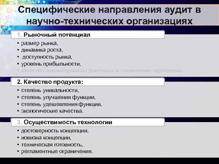 Специфические направления аудит в научно-технических организациях 1. Рыночный потенциал • • • размер рынка,