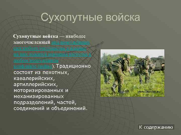 Сухопутные войска — наиболее многочисленный вид вооружённых сил любого государства и именно на них