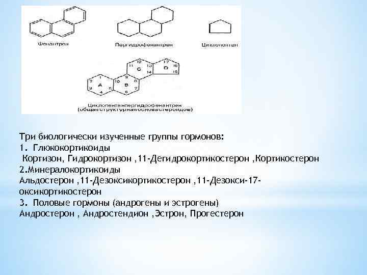 Три биологически изученные группы гормонов: 1. Глюкокортикоиды Кортизон, Гидрокортизон , 11 -Дегидрокортикостерон , Кортикостерон