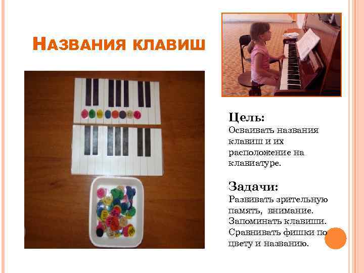 НАЗВАНИЯ КЛАВИШ Цель: Осваивать названия клавиш и их расположение на клавиатуре. Задачи: Развивать зрительную
