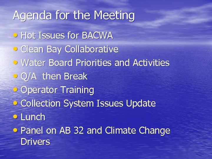 Agenda for the Meeting • Hot Issues for BACWA • Clean Bay Collaborative •