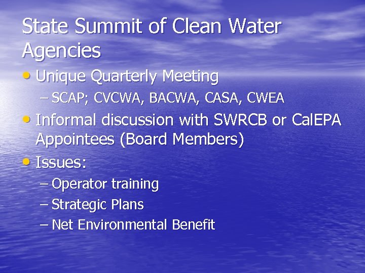 State Summit of Clean Water Agencies • Unique Quarterly Meeting – SCAP; CVCWA, BACWA,