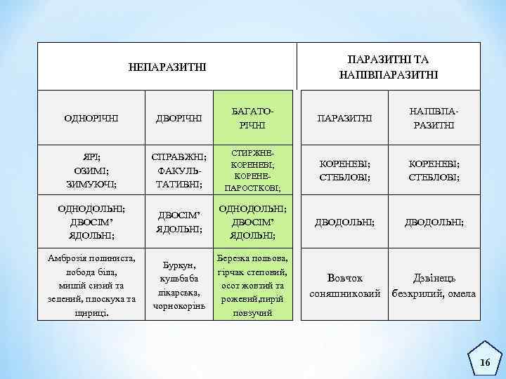 ПАРАЗИТНІ ТА НАПІВПАРАЗИТНІ НЕПАРАЗИТНІ ОДНОРІЧНІ ДВОРІЧНІ ЯРІ; ОЗИМІ; ЗИМУЮЧІ; СПРАВЖНІ; ФАКУЛЬТАТИВНІ; ОДНОДОЛЬНІ; ДВОСІМ’ ЯДОЛЬНІ;