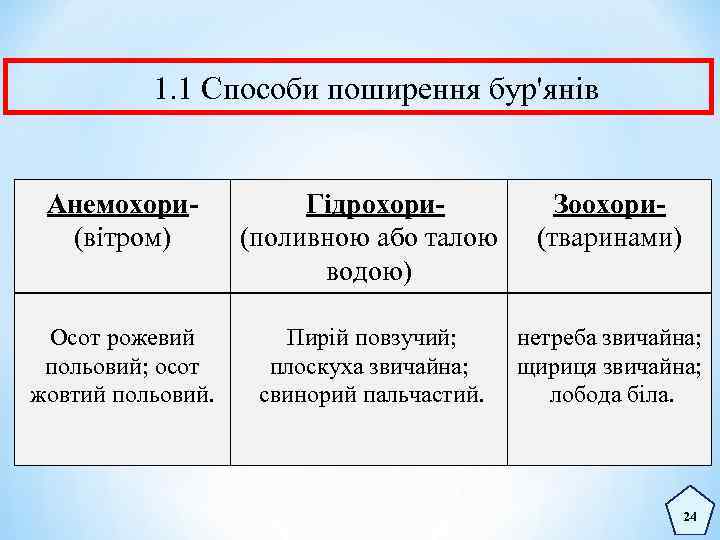 1. 1 Способи поширення бур'янів Анемохори(вітром) Гідрохори(поливною або талою водою) Осот рожевий польовий; осот