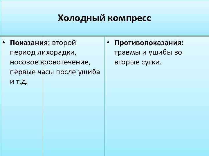 Холодный компресс • Показания: второй • Противопоказания: период лихорадки, травмы и ушибы во носовое