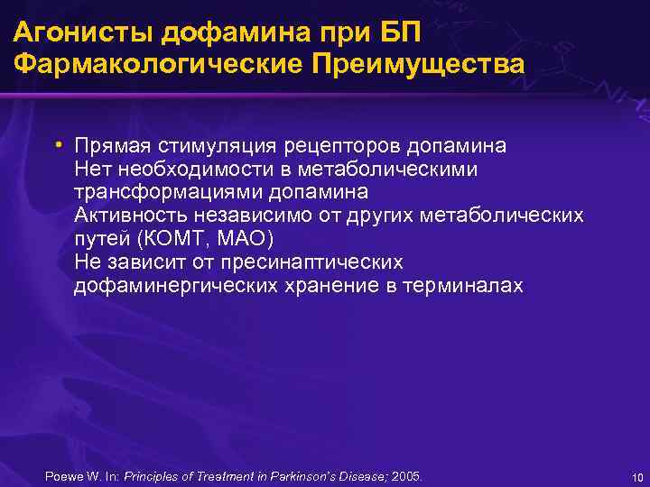 Агонисты дофамина при БП Фармакологические Преимущества • Прямая стимуляция рецепторов допамина Нет необходимости в