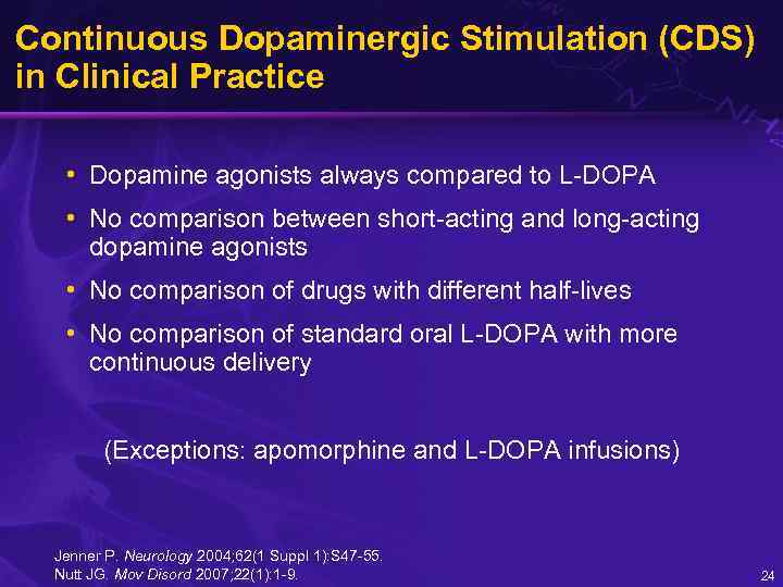Continuous Dopaminergic Stimulation (CDS) in Clinical Practice • Dopamine agonists always compared to L-DOPA