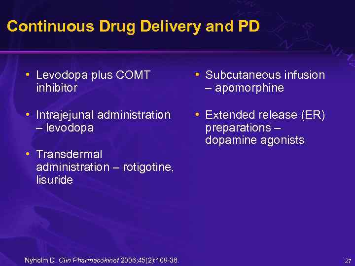 Continuous Drug Delivery and PD • Levodopa plus COMT inhibitor • Subcutaneous infusion –