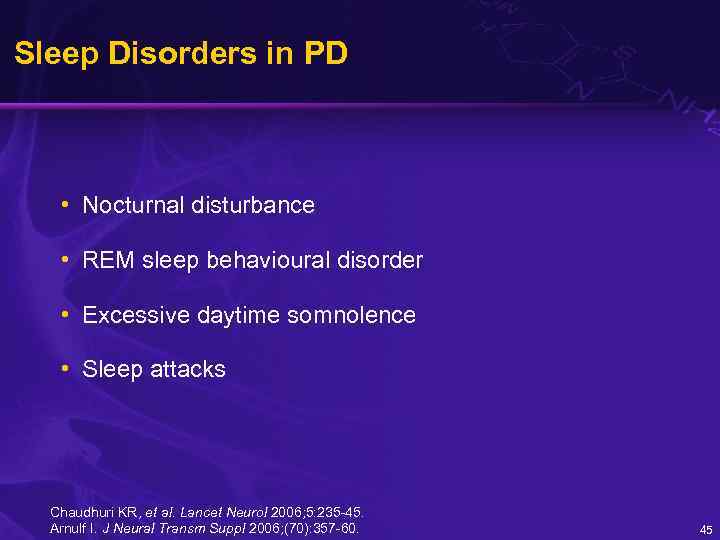 Sleep Disorders in PD • Nocturnal disturbance • REM sleep behavioural disorder • Excessive