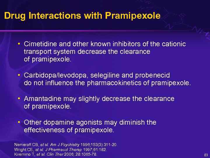 Drug Interactions with Pramipexole • Cimetidine and other known inhibitors of the cationic transport