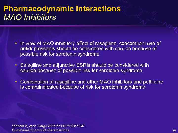 Pharmacodynamic Interactions MAO Inhibitors • In view of MAO inhibitory effect of rasagiline, concomitant