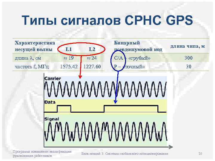 Типы сигналов СРНС GPS Характеристика несущей волны длина , см частота f, МГц L