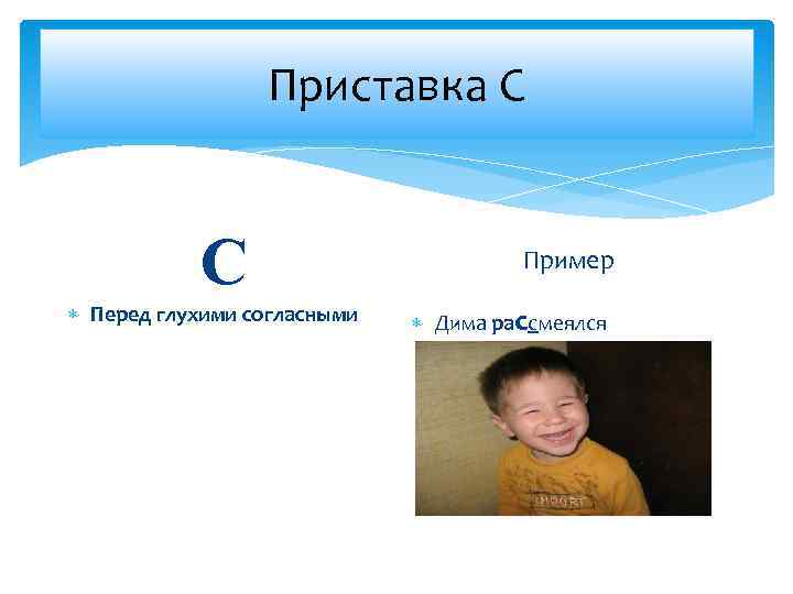Приставка С С Перед глухими согласными Пример Дима рассмеялся 
