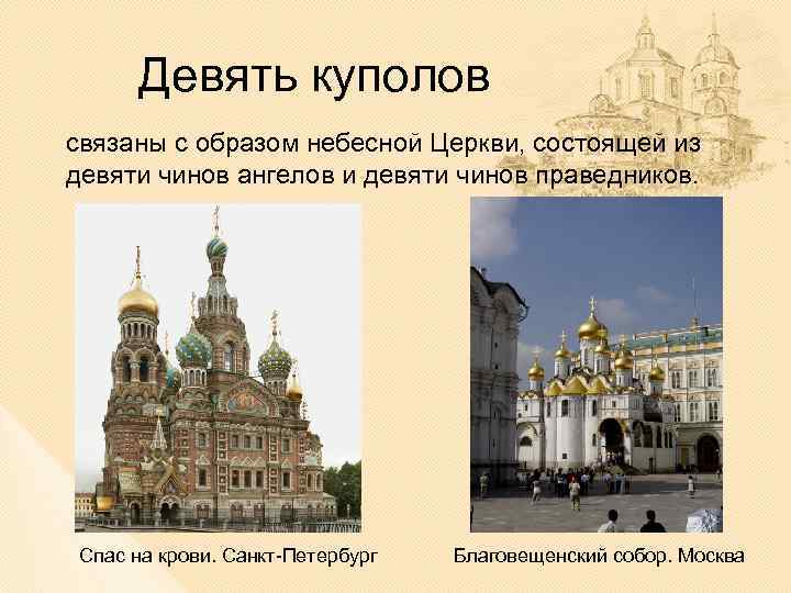 Девять куполов связаны с образом небесной Церкви, состоящей из девяти чинов ангелов и девяти