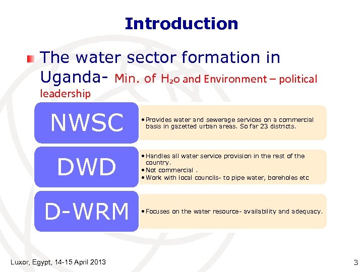 Introduction The water sector formation in Uganda- Min. of H₂o and Environment – political