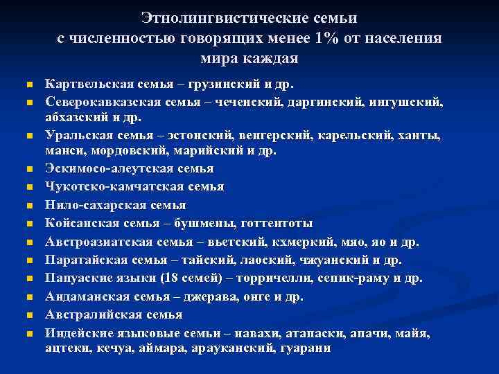 Этнолингвистические семьи с численностью говорящих менее 1% от населения мира каждая n n n