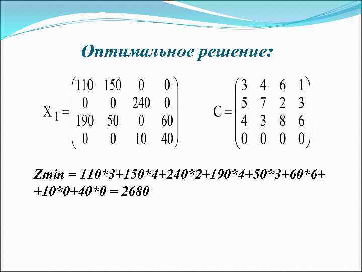 Оптимальное решение: Zmin = 110*3+150*4+240*2+190*4+50*3+60*6+ +10*0+40*0 = 2680 