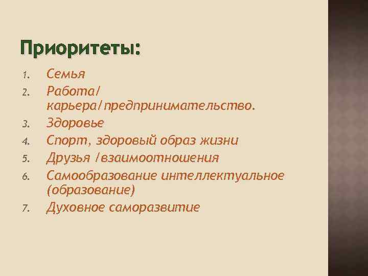 Приоритеты: 1. 2. 3. 4. 5. 6. 7. Семья Работа/ карьера/предпринимательство. Здоровье Спорт, здоровый