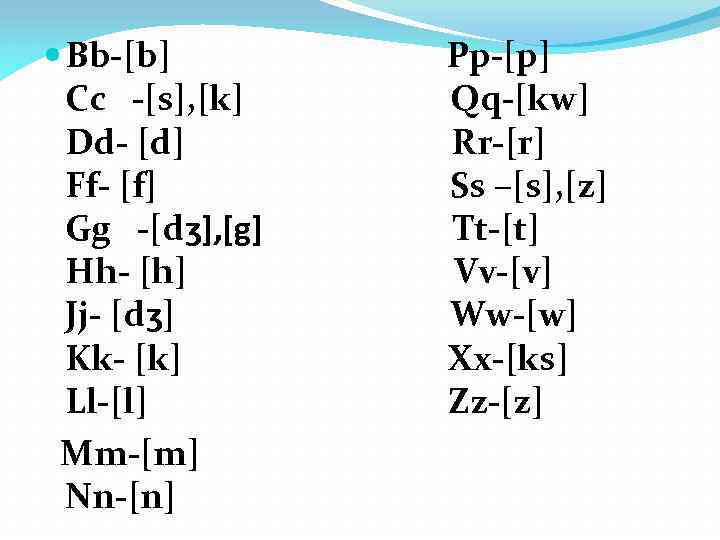  Bb-[b] Pp-[p] Cc -[s], [k] Qq-[kw] Dd- [d] Rr-[r] Ff- [f] Ss –[s],