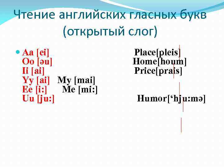 Чтение английских гласных букв (открытый слог) Aa [ei] Oo [əu] Ii [ai] Yy [ai]