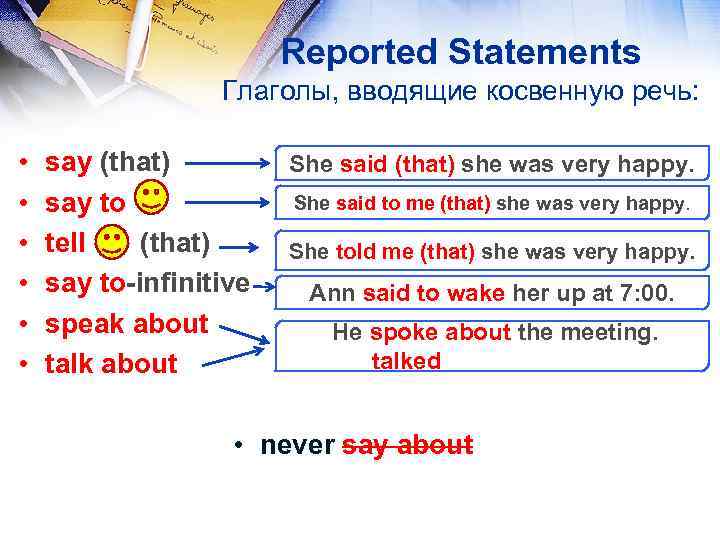 Reported Statements Глаголы, вводящие косвенную речь: • • • say (that) say to tell