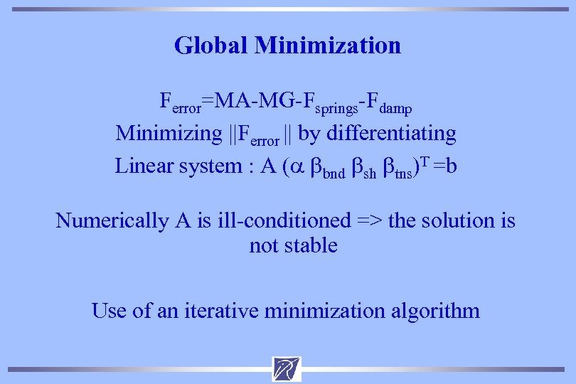 Global Minimization Ferror=MA-MG-Fsprings-Fdamp Minimizing ||Ferror || by differentiating Linear system : A ( bnd