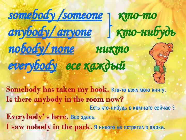 somebody /someone кто-то anybody/ anyone кто-нибудь nobody/ none никто еverybody все каждый Somebody has