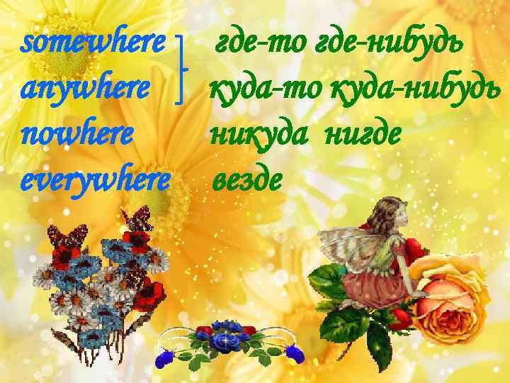 somewhere anywhere nowhere еverywhere где-то где-нибудь куда-то куда-нибудь никуда нигде везде 