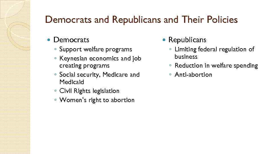 Democrats and Republicans and Their Policies Democrats ◦ Support welfare programs ◦ Keynesian economics