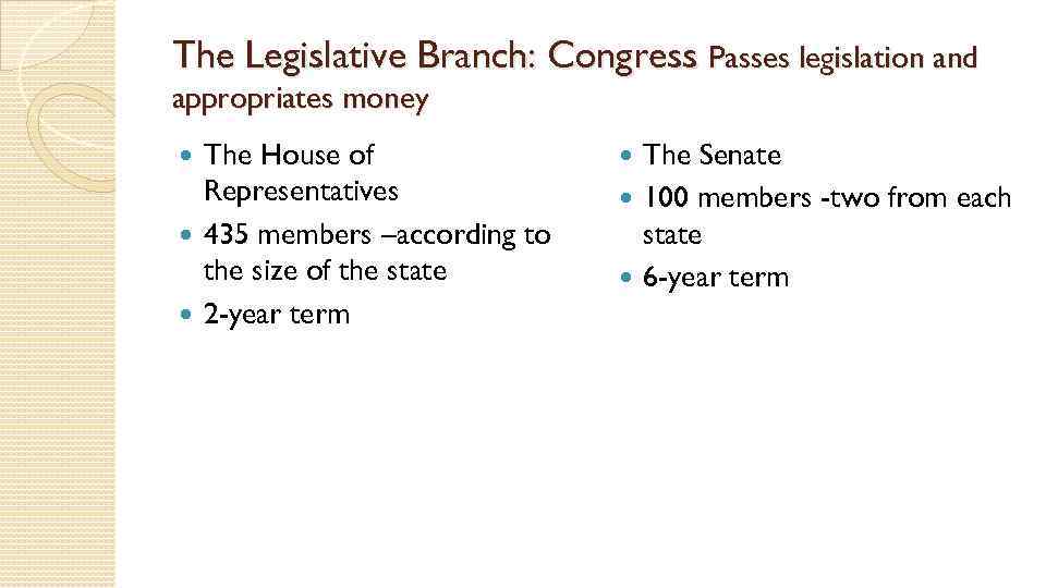 The Legislative Branch: Congress Passes legislation and appropriates money The House of Representatives 435