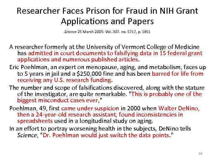Researcher Faces Prison for Fraud in NIH Grant Applications and Papers Science 25 March