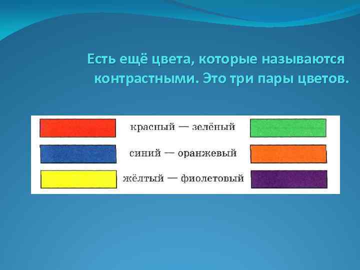 Предлагаемые цвета. Какие цвета называются контрастными. Названия оттенком контрастных. Три пары цвета. 2. Какие цвета называются контрастными?.