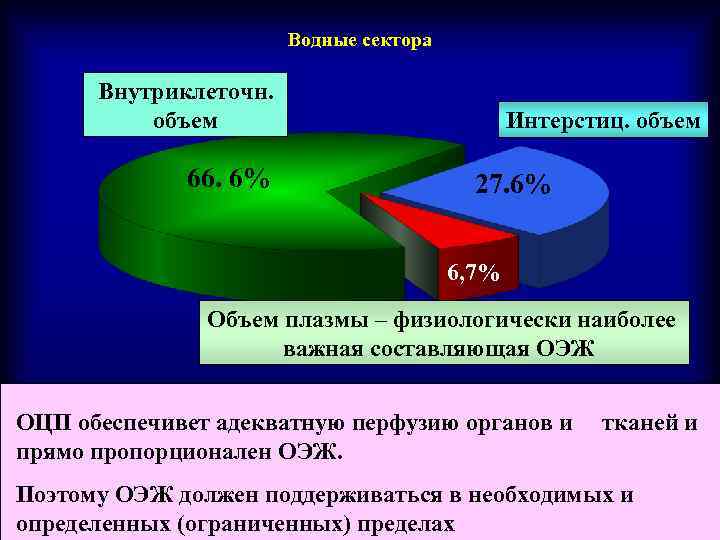 Водные сектора Внутриклеточн. объем 66. 6% Интерстиц. объем 27. 6% 6, 7% Объем плазмы