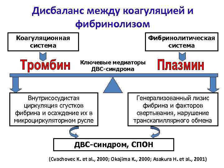 Дисбаланс между коагуляцией и фибринолизом Коагуляционная система Фибринолитическая система Ключевые медиаторы ДВС-синдрома Внутрисосудистая циркуляция
