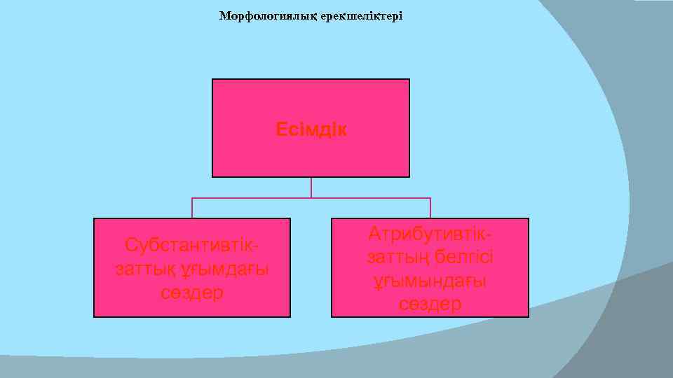 Морфологиялық ерекшеліктері Есімдік Субстантивтікзаттық ұғымдағы сөздер Атрибутивтікзаттың белгісі ұғымындағы сөздер 