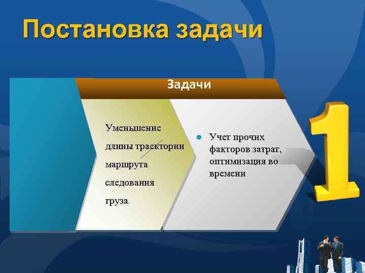 Постановка задачи Задачи Уменьшение длины траектории маршрута следования груза ● Учет прочих факторов затрат,