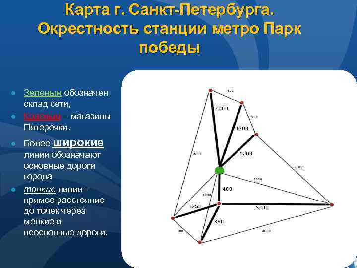 Карта г. Санкт-Петербурга. Окрестность станции метро Парк победы ● Зеленым обозначен склад сети, ●