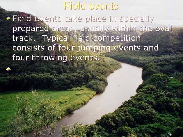 Field events take place in specially prepared areas, usually within the oval track. Typical