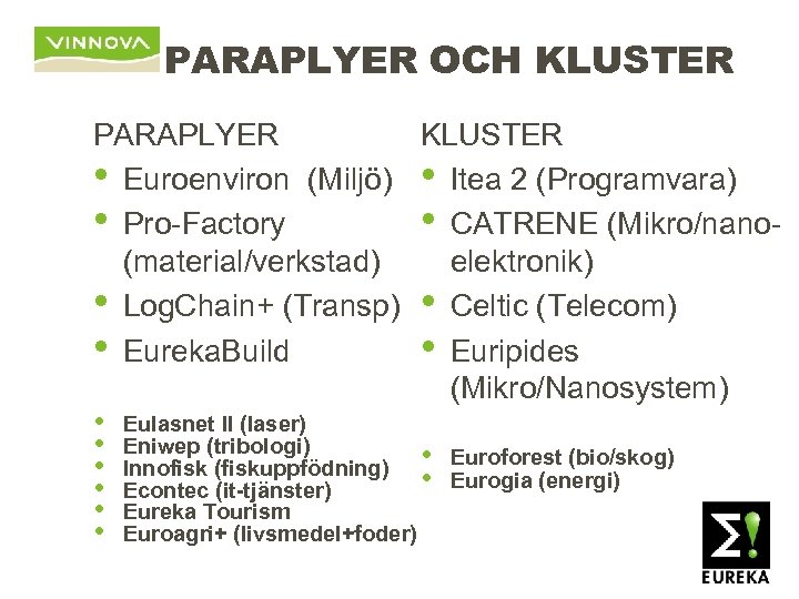 PARAPLYER OCH KLUSTER PARAPLYER KLUSTER • Euroenviron (Miljö) • Itea 2 (Programvara) • Pro-Factory