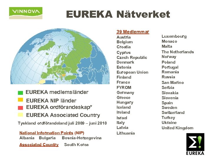 EUREKA Nätverket 39 Medlemmar EUREKA medlemsländer EUREKA NIP länder EUREKA ordförandeskap* EUREKA Associated Country