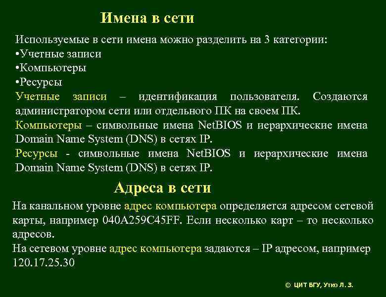 Имена в сети Используемые в сети имена можно разделить на 3 категории: • Учетные