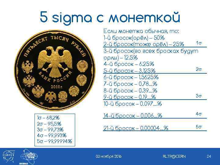 5 sigma с монеткой Если монетка обычная, то: 1 -й бросок(орёл) – 50% 1σ