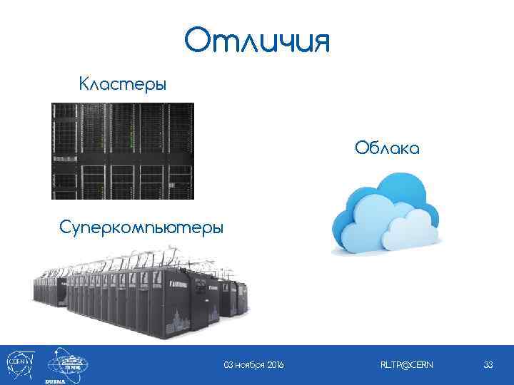 Отличия Кластеры Облака Суперкомпьютеры 03 ноября 2016 RLTP@CERN 33 